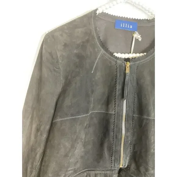 Illia Black Suede Jacket with Ostrich Feather Hem Size 6 NWT - Picture 3 of 8